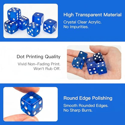 12 Piece 19 mm Casino Style Dice Set, Acrylic Translucent D6 Dice with Square Rounded Edge, Blue for Craps, Table Games, Board Games, RPG, MTG, DND(Blue) - color: Blue