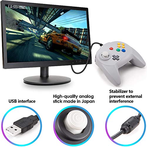 KIWITATA N64 Mini USB Controller, Retro N64 Wired 64-bit PC Remote Upgraded Joystick Game Pad Controller for Windows PC MAC Linux Raspberry Pi Grey