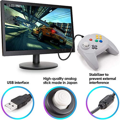 KIWITATA N64 Mini USB Controller, Retro N64 Wired 64-bit PC Remote Upgraded Joystick Game Pad Controller for Windows PC MAC Linux Raspberry Pi Grey