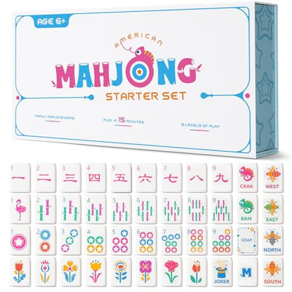 Mini Mahjong Set for Kids & Beginners, Portable Travel Mahjong Tiles Set American for Family, 160 Acrylic Mini Mahjong Tiles with Carrying Bag, Mat, Racks, Mah Jong Starter Kit for Ages 6+