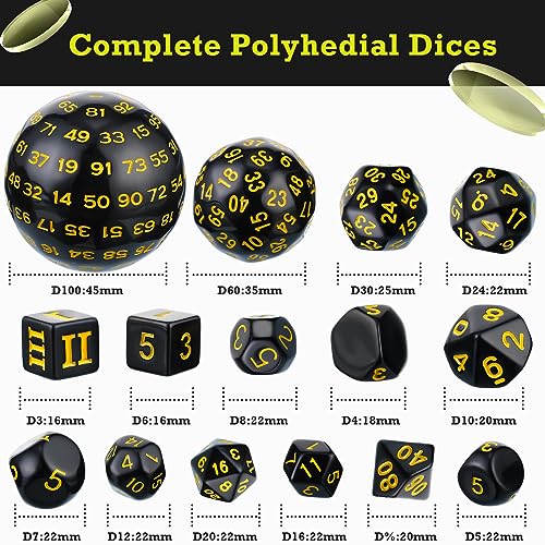 Civaner 15 Pcs Complete Polyhedral Dice Set D3-D100 Spherical RPG Dice Set in Opaque Black, 100 Sides for Role Playing Table Games Party Supplies(Black and Yellow) - color: Black and Yellow