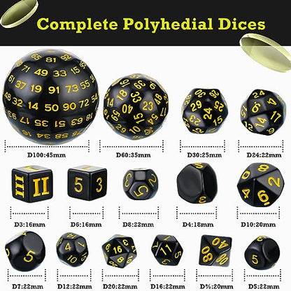 Civaner 15 Pcs Complete Polyhedral Dice Set D3-D100 Spherical RPG Dice Set in Opaque Black, 100 Sides for Role Playing Table Games Party Supplies(Black and Yellow) - color: Black and Yellow