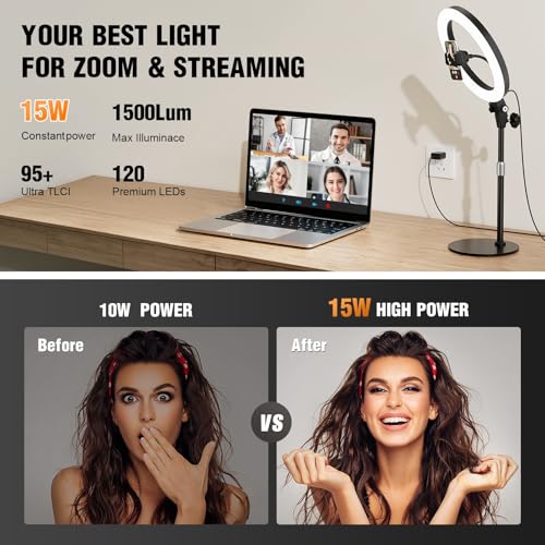 10'' Desk Ring Light with Stand – Zoom Lighting with Phone Holder for Computer・Video Calls・Conference – CRI95 LED Adjustable Circle Light, 10'' Large Lamp Head, Content Creator Friendly - color: Black