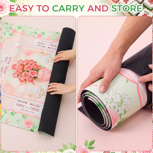 Pink Rose Mahjong Mat with Rules 31.5" x 31.5" Non-Slip Noise Reduction Gaming Mat with Carrying Bag Floral Mahjong Table Cover for Poker Board Card Games Dominoes - style: Romantic Pink Rose