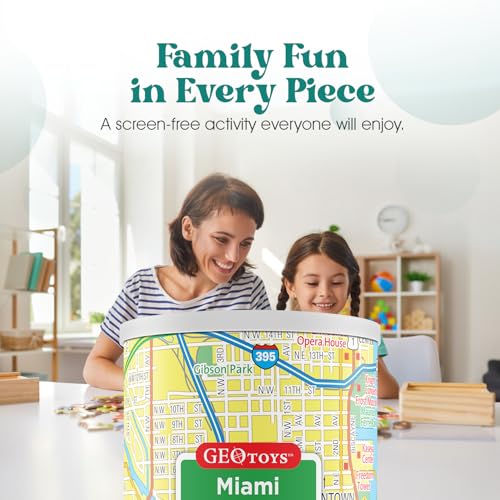 Geotoys Miami Mini City Puzzle - 100 Piece Puzzles for Kids and Adults in Portable Can, 13" x 10" Educational Travel Puzzle for Ages 7 and Up - Mini Puzzles to Learn & Explore Geography - style: Miami