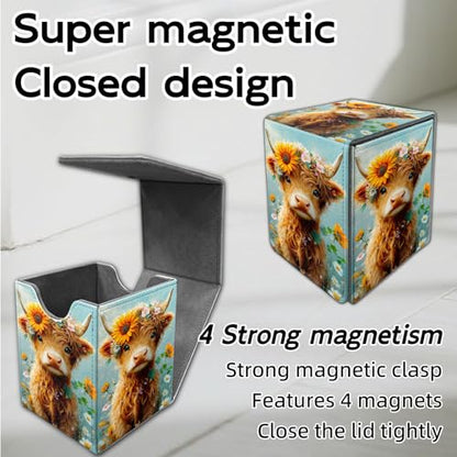for MTG Deck Box, Trading Card Storage Case Holds 100+ Sleeved Cards, Flower-Crowned Highland Calf Magnetic Closure Durable Deck Holder for Magic The Gathering, TCG & Commander - color: Flower-Crowned Highland Calf