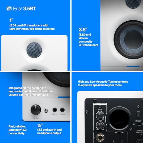 PreSonus Eris 3.5BT Studio Monitors, Pair — 3.5" Inch Powered Speakers, Bookshelf Speakers, Stereo, Desktop Computer, Near Field Music Production, Audio Mixing Recording | 3.5 Drivers, 25W per Side, Trs and Rca Rear Inputs, Front 1/8 Aux and Headphone Jac