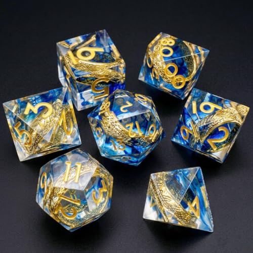 Ring DND Dice Set Sharp Edge Resin Dice,Golden Ring Inclusion Suitable for Lord of the Ring D&D Dice RPG Role Playing Games Suitable for Dungeons and Dragons Polyhedral Dice Set（Blue） - color: Blue