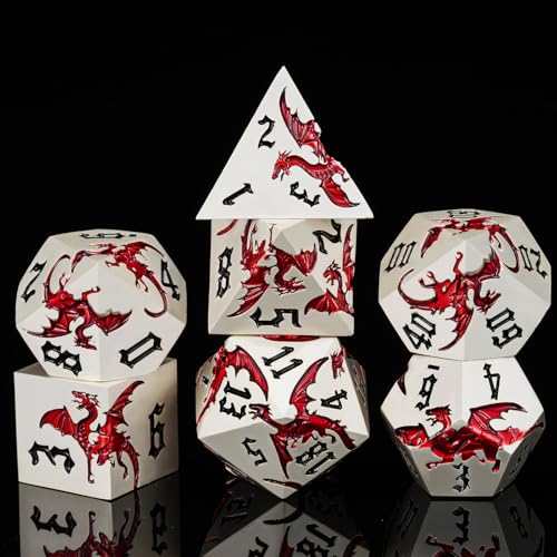 Dungeons and Dragons Dice D&D Metallic Dragon Sharp Edged Dice Set with Box, Polyhedral DND Role Playing Game D and D Dice Set D20 D12 D10 D8 D6 D4 - color: Dragon-pearl Silver Transparent Red