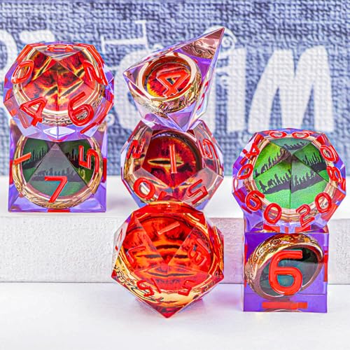 Magic Golden Ring DND Dice Set Sharp Edge Red Gaze Eye Resin Dice with Box, for use with RPG D&D Tabletop Games Lord D and D Polyhedral Dice Set - color: Ring -Eye-purple Red