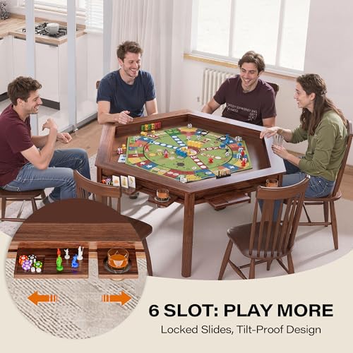 Board Game Table, 59" Hexagon Gaming Table with Removable Table Top & Play Mat for 6 Players, Includes Detachable Cup Holders and Trays for Dining, Card, DND, Poker in Walnut - size: Hex Table