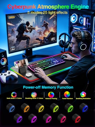 Wireless Charging Mouse Pad with Magnetic Phone Stand, 31.5"x15.8" Large | Gaming Mousepad RGB Desk Mat, Smooth Glide, Stitched Edge, Non-Slip Rubber Base, Waterproof Keyboard Mat, with Adatper - color: RGB-Mag Stand-Adatper