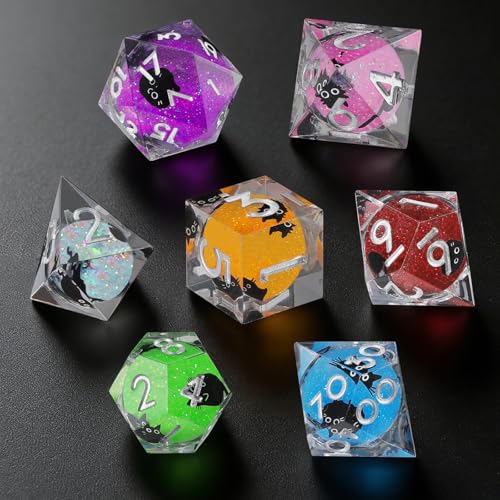 Liquid Core DND Dice Set, 7 Pcs Resin Sharp Edge Polyhedral Dice Quicksand Cat D&D Dice for Dungeons and Dragons RPG Role Playing Table Games
