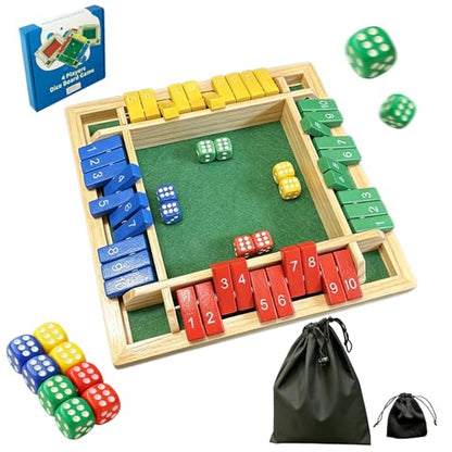 Shut The Box Dice Game, Wooden Strategy Board Game for 2-4 Players | Tabletop Math Game, 8 Dice Included, Velvet Storage Bag, Multicolor Design, Family Game Night, Pub Game - style: 4 Player-Multicolor