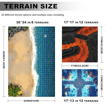 DND Map 32 Terrain 24” x 36",17” x 17",13” x 17" | Double Sidedv Grids Dry Erase Battle Mats for Dungeons & Dragons Game with Dice Set,Clips,Eraser,Markers
