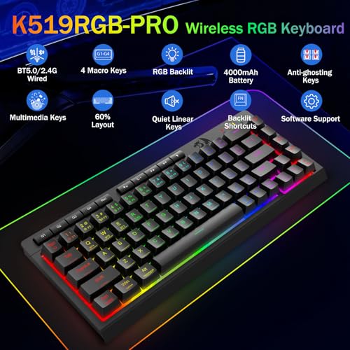 Redragon Wireless Gaming Keyboard, RGB Backlit, Portable 60% Design, Black | Bluetooth/2.4GHz/USB-C Wired, Mini Quiet Macro Membrane Keyboard, Rechargeable 4000mAh Battery, Anti-Ghosting for Win/MAC - color: Black