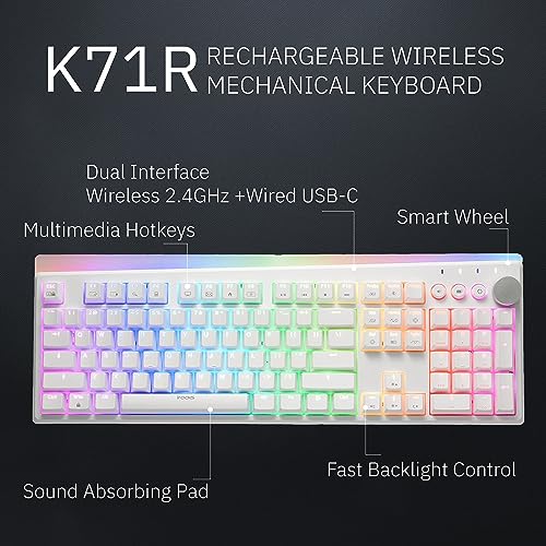 iRocks K71R Wireless RGB Mechanical Gaming Keyboard,Brown Switches,PBT 107 Keys NKRO,RGB Backlit, Pro Keyboard for Gaming and Work,Dual Interface Wireless & Wired, Windows Laptop PC Mac,White - color: White