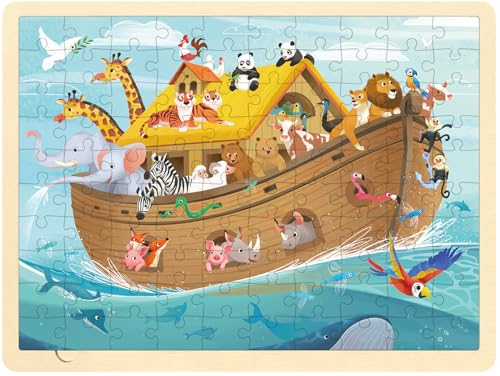 Wooden Puzzles for Kids Ages 3-5, Noah's Ark, 100 Piece | Religious Scene, Christian Bible Puzzles for Kids Ages 4-8, With Tray - style: 100 Piece
