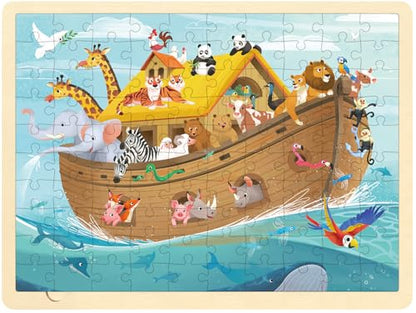 Wooden Puzzles for Kids Ages 3-5, Noah's Ark, 100 Piece | Religious Scene, Christian Bible Puzzles for Kids Ages 4-8, With Tray - style: 100 Piece