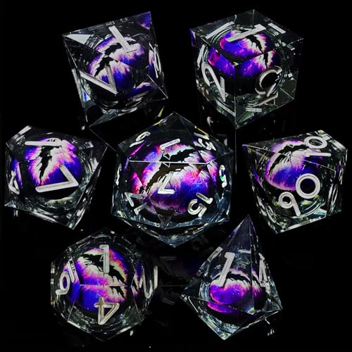 HAOMEJA Resin Dragon Eye DND Dice Set D&D 7 Pcs Resin Sharp Edge Role Playing Dice with Dragon Eye Dice Bag,Polyhedral Dungeons and Dragons Dice D20 D12 D10 D100 D8 D6 D4 (Black & Eye Purple) - color: 7 Eye Purple & Black