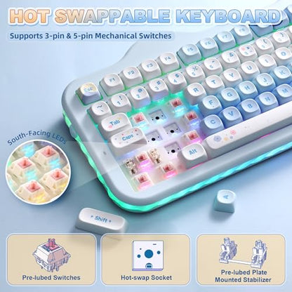 YUNZII C98 Wireless Mechanical Keyboard with Number Pad,98 Key BT5.0/2.4G/USB-C Hot Swap Gasket Mount with PBT MOA Keycaps,Custom RGB,Cute Cake Keyboard for Win/Mac (Blue, Candy Linear Switch) - color: Blue, size: Candy Linear Switch