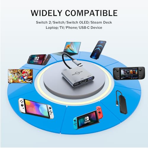 Switch 2 Dock 4K@60Hz TV Adapter Portable TV Docking Station for Switch / Switch2 / Steam Deck/ROG Xbox Ally X 3 in 1 100W PD / USB3.0 / HDMI2.0 USB-C Hub (Compatible with Switch2 v21.0.0)