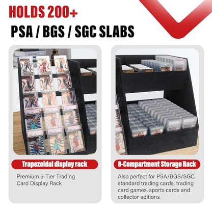 5-Tier Trading Card Display,Large Capacity Card Display Stand with 8-Row Storage & 8 Stoppers + Dividers,Wooden Graded Card Display Holds 200+ PSA BGS SGC Slabs for Sports Card and Game Card Collection - size: 25.7*10.6*16.2in