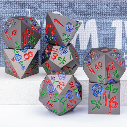 Gothic DND Dice Set Bleeding Rose Metal D and D Dice for use with Dungeons Dragons D&D Role Playing Game, Purple Blue RPG Blood Polyhedral Dice Set D20 D12 D10 D8 D6 D4 - color: Purplish Blue&black&red Numbers