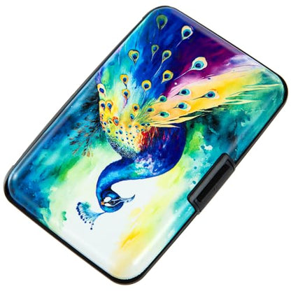 Credit Card Holder Small RFID Blocking Wallet Business Metal Slim Mini Aluminum Hard Case for Women Men - color: Colorful Peacock