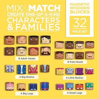 32-Piece Magnetic Wooden Figures, Adults and Kids | Multicultural family set, adult and child pieces in four skin tones, toddler diversity toys for preschool and child care - size: 32 Piece Set