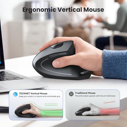 TECKNET Ergonomic Mouse Rechargeable Bluetooth - 4800 DPI Vertical Mice 6 Adjustable Levels, Wireless Optical Carpal Tunnel Mouse Right Hand, Multi Device for Laptop, PC, Computer, MacBook - Black - color: Black