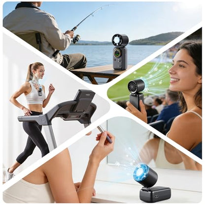 FurBall 4-IN-1 Portable Handheld Fan with Ice Cooling, High-speed Turbo Power 100 Gear Adjustable, LED Display, 6000mAh Rechargeable Battery, Foldable & Quiet Personal Fan for Travel, Office, Outdoor - color: Midnight