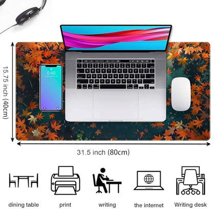 Maple Leaves Desk Mat Gaming Mouse Pad Large, Extended Desk Pad Full Desk Cover Mat, Fall Leaves Laptop Keyboard Pad, Computer Desktop Mat XXL, Aesthetic Fall Desk Accessories 31.5x15.7 Inch - color: Fall Leaf