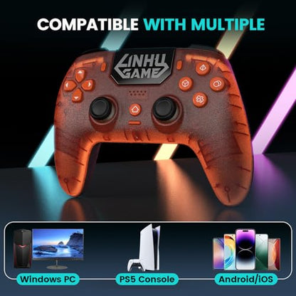 citnh Wireless Controller for PS-5/Pro/Slim/PC, with Transparent Shell/RGB Tape Light/Hall Effect Joyticks and Trigger/Macro/Turbo/3.5mm Audio Jack/Speaker and Mic/1500 mAh Large Battery Gamepad (Orange)