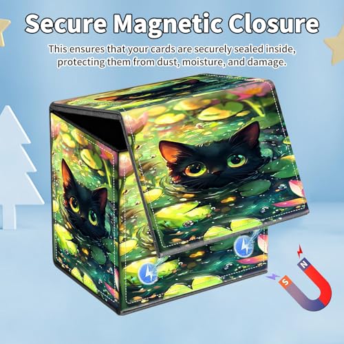 Card Deck Box for MTG Commander,Collectible Trading Storage Box Fits 120+ Single Sleeved Cards Magnetic Case PU Leather for Magic Commander TCG CCG MTG,Cat Lotus Flower - color: Cat Lotus Flower