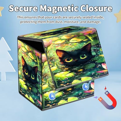 Card Deck Box for MTG Commander,Collectible Trading Storage Box Fits 120+ Single Sleeved Cards Magnetic Case PU Leather for Magic Commander TCG CCG MTG,Cat Lotus Flower - color: Cat Lotus Flower