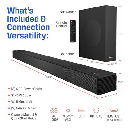 Westinghouse 5.1.2 Soundbar w/Wireless Subwoofer, 400W Max Output Surround Sound w/Dolby Atmos & Dolby Digital Plus, Home Theater Audio, HDMI/eArc, Bluetooth, Roku TV Ready - size: 5.1.2 Channel Soundbar with Subwoofer
