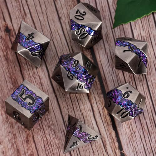 Premium Metal Dice Set for DND, 7PCS Polyhedral RPG Dice with Galaxy Glitter Inlay, Unique Metal Dice for Dungeons and Dragons Players - color: Antique Nickel Violet