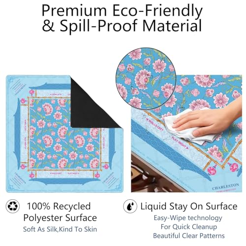 Mahjong Mat for Table with Carrying Bag & 3 Dice, Blue Pink Floral 31.5"x31.5" Square Rubber Mahjong Table Cover, Non-Slip & Noise Reduction Gaming Mat for Mah Jongg, Poker, Dominoes & Tile Games - color: Light Blue Pink