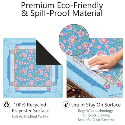 Mahjong Mat for Table with Carrying Bag & 3 Dice, Blue Pink Floral 31.5"x31.5" Square Rubber Mahjong Table Cover, Non-Slip & Noise Reduction Gaming Mat for Mah Jongg, Poker, Dominoes & Tile Games - color: Light Blue Pink