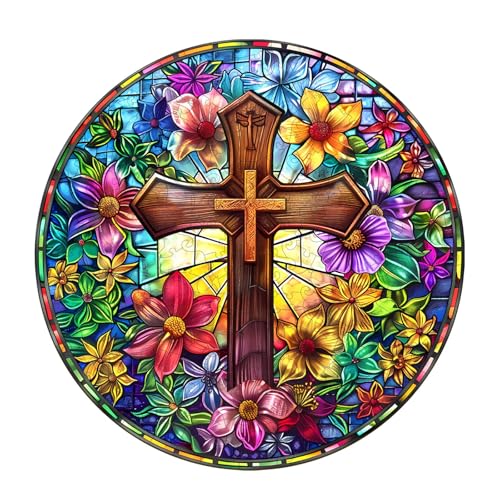 Wooden Puzzles for Adults, Stained Glass Cross Wood Puzzles Adult, Unique Animal Shaped Wooden Jigsaw Puzzle, Birthday Gifts for Friends/Family/Puzzle Lovers, Home Decor(S-8.5 * 8.5in 100pcs) - color: Stained Glass Cross, size: Small