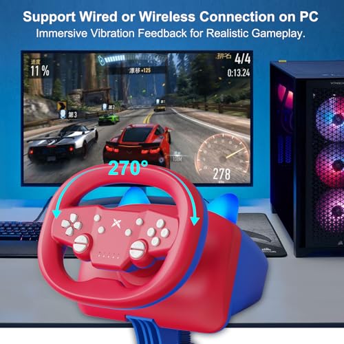 DOYO Gaming Steering Wheel with Pedals, 270° Wireless Racing Wheel | Steering Wheel for PC/Switch/PS4/PS3/IOS/Android Racing Games with Dual-Vibration Motors - Enhanced Mario Kart Eeperience - color: Red+Blue