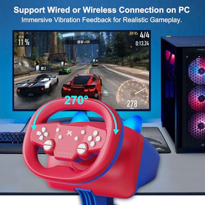 DOYO Gaming Steering Wheel with Pedals, 270° Wireless Racing Wheel | Steering Wheel for PC/Switch/PS4/PS3/IOS/Android Racing Games with Dual-Vibration Motors - Enhanced Mario Kart Eeperience - color: Red+Blue