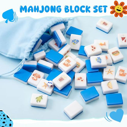 Blue Pink 2 Players Mahjong Block Set, Mahjong Tile Game with 50 Tiles with 12 Different Patterns, Animal and Food Pattern, Portable Mahjongg Set with A Carry Bag（Includes Instruction Manual） - color: Blue