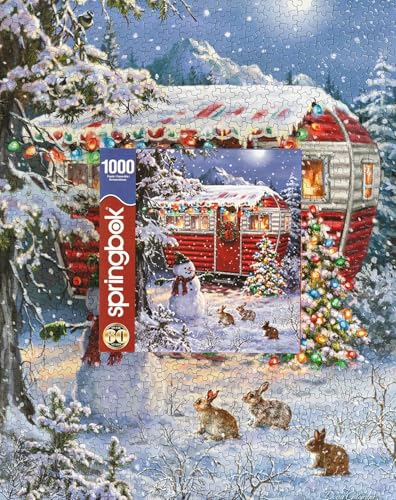 Springbok's Snowy Retreat 1000 Piece Jigsaw Puzzle is a Fun Holiday Image Featuring a Camper Glowing in Holiday Decor - style: Snowy Retreat