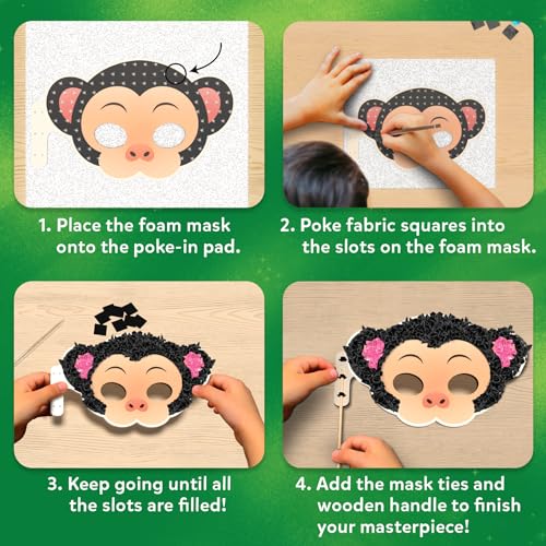 Skillmatics Poke-in Art – Animal Masks, Mess-Free DIY Wood Craft Kit | Fun Creative Activity for Kids, 800+ Colorful Fabric Squares, 6 Foam Masks, Gifts for Girls & Boys Ages 4, 5, 6, 7, 8, 9 - style: 9. Animal Masks