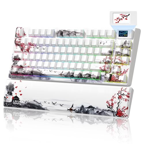 Womier 75% Wireless Mechanical Keyboard with Color Multimedia Screen | Gaming Creamy Keyboard, Theme 3-Modes Hot Swappable Key board w/Wrist Rest,SK80 PRO Gasket RGB Custom for Mac/Win,Red Plum - color: White