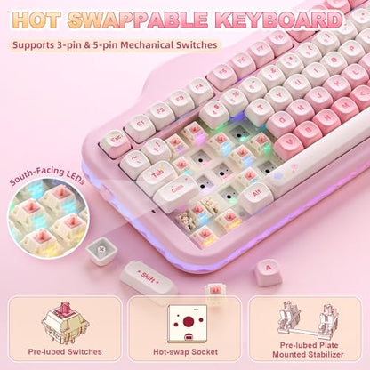YUNZII C98 Wireless Mechanical Keyboard with Number Pad,99 Key BT5.0/2.4G/USB-C Hot Swap Gasket Mount with PBT MOA Keycaps,Custom RGB,Cute Cake Keyboard for Win/Mac (Pink, Candy Linear Switch) - color: Pink, size: Candy Linear Switch