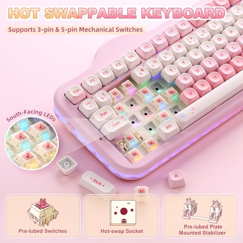YUNZII C98 Wireless Mechanical Keyboard with Number Pad,99 Key BT5.0/2.4G/USB-C Hot Swap Gasket Mount with PBT MOA Keycaps,Custom RGB,Cute Cake Keyboard for Win/Mac (Pink, Candy Linear Switch) - color: Pink, size: Candy Linear Switch