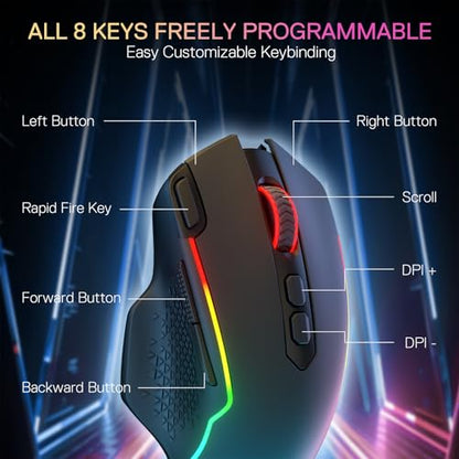 Redragon M810 MAX Wireless RGB Gaming Mouse 12000 DPI Remapping Keys | Cable-Free 0 Delay, Smooth Precise Tracking, Rapid-Fire Macro Keybinds, Vibing Backlight, Ergonomic Grip Body Comfort - color: Black, style: M810 PRO MAX